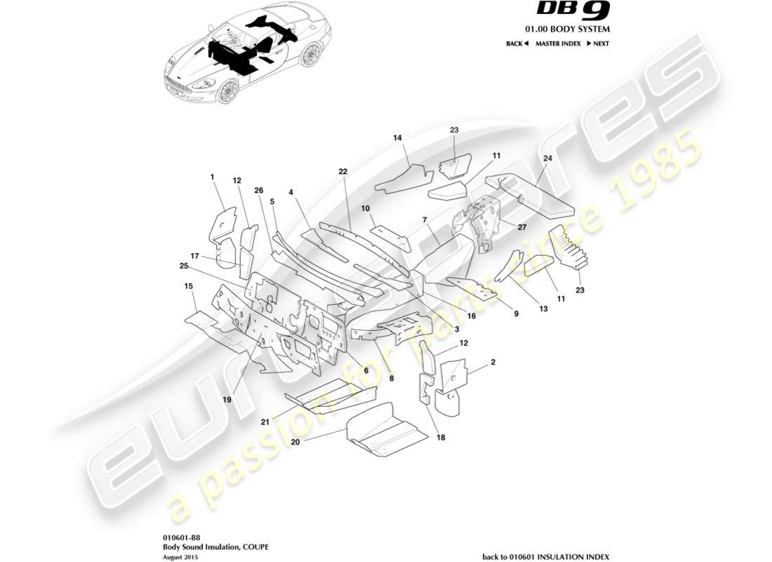 aston martin db9 (2004) karosserieisolierung, coupé-teilediagramm