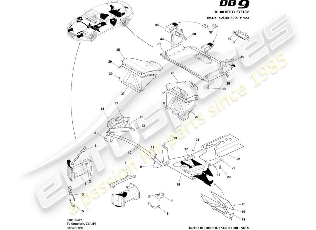 aston martin db9 (2008) ev-struktur, coupé-teilediagramm