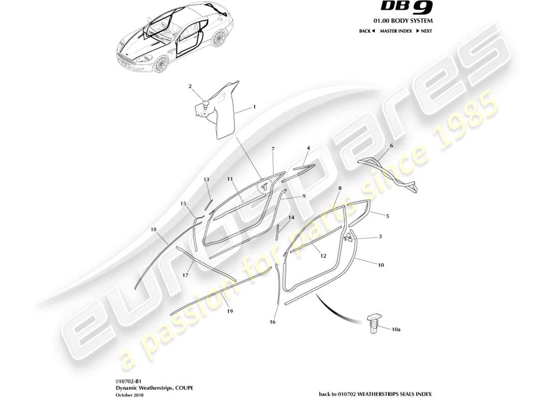 aston martin db9 (2011) dynamische dichtungsstreifen, coupé teilediagramm