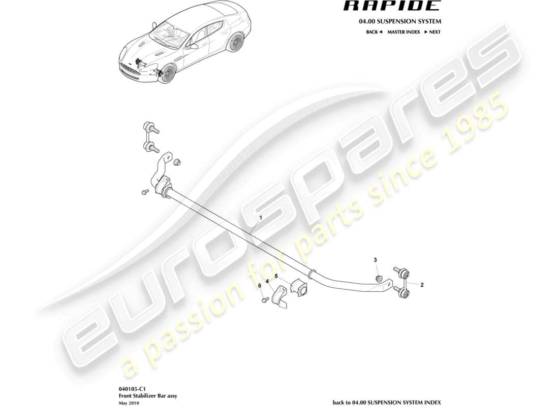 aston martin rapide (2011) teilediagramm für vorderen stabilisator