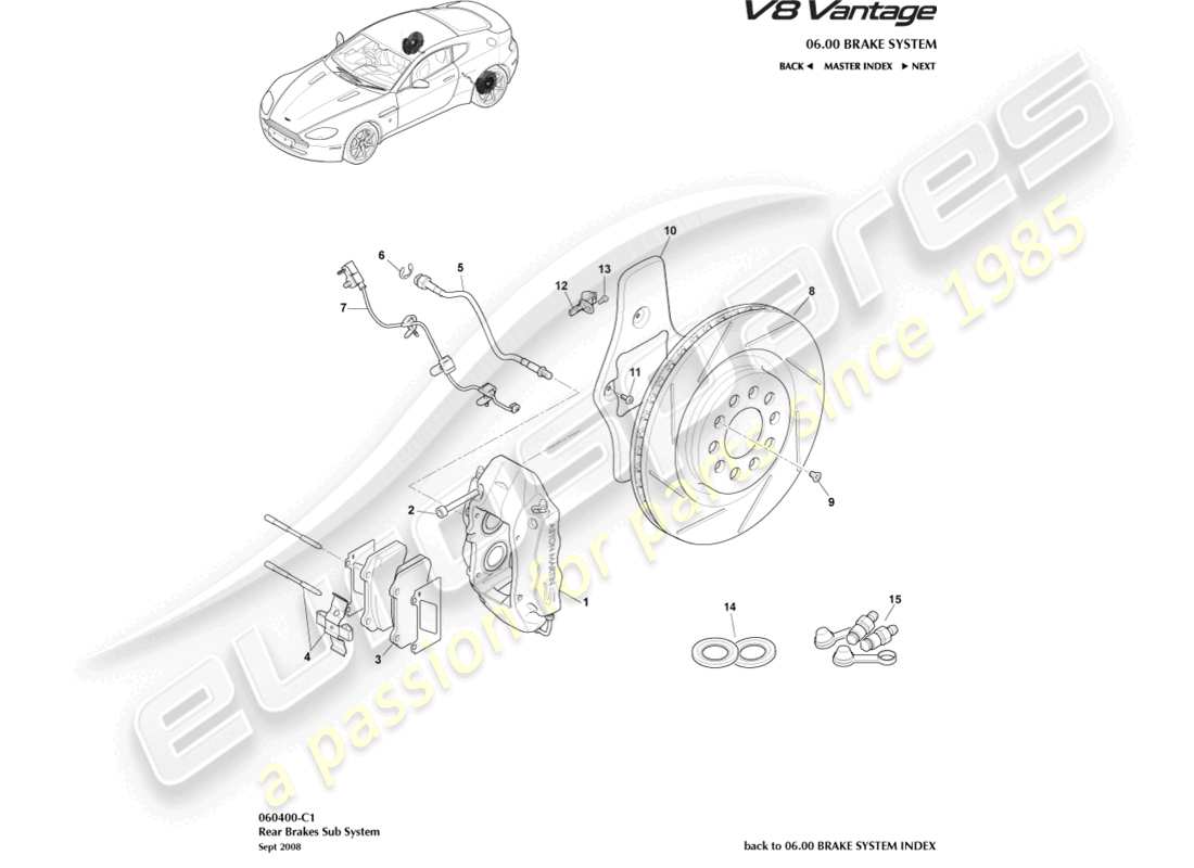 aston martin v8 vantage (2014) teilediagramm des hinterradbremssystems