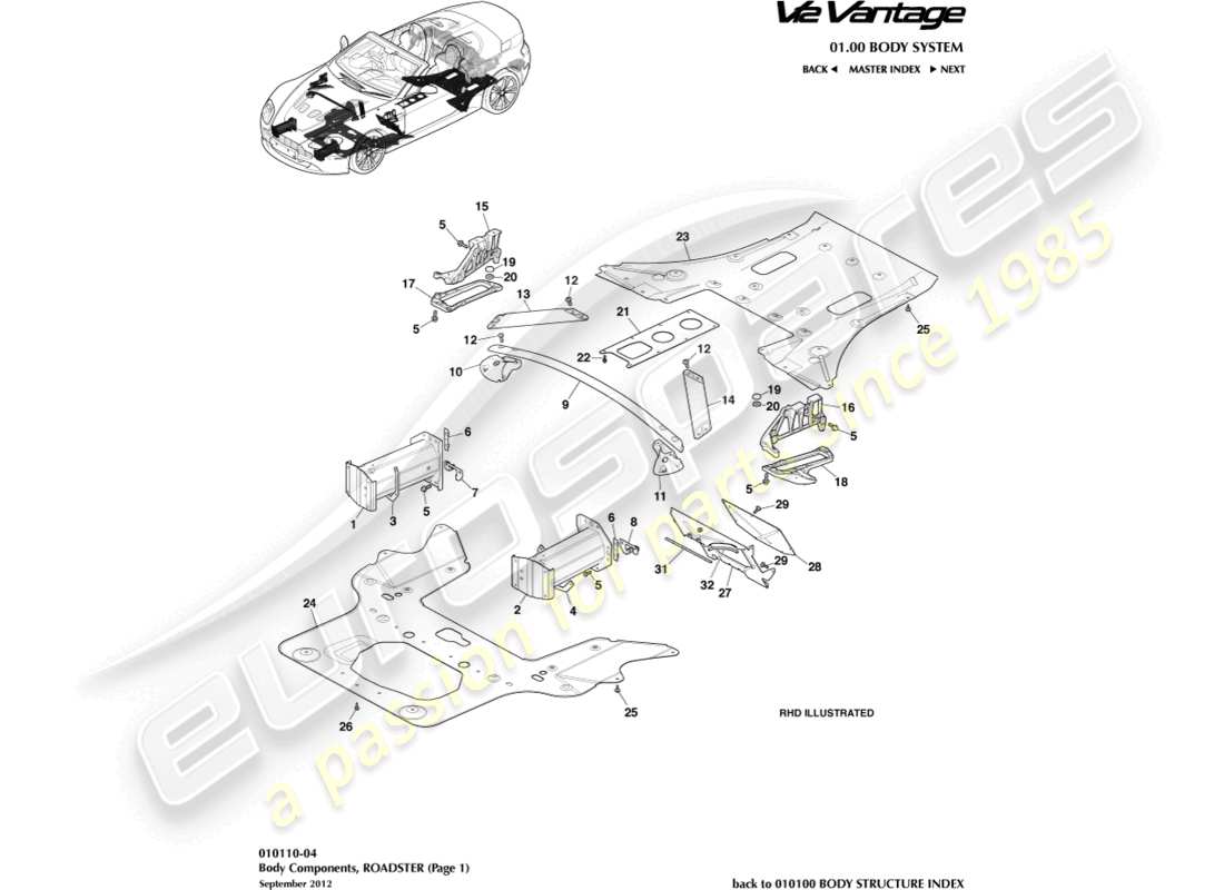 aston martin v12 vantage (2012) karosseriekomponenten, roadster-teilediagramm