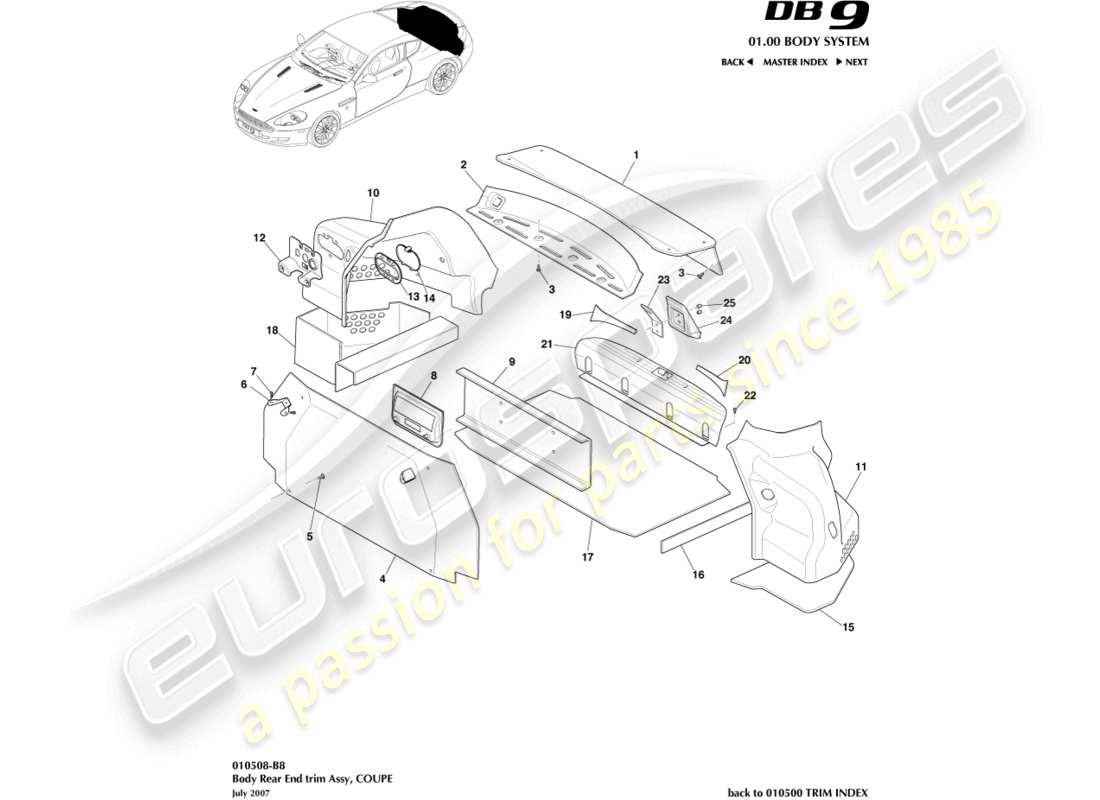 aston martin db9 (2010) heckverkleidung, coupé-ersatzteildiagramm