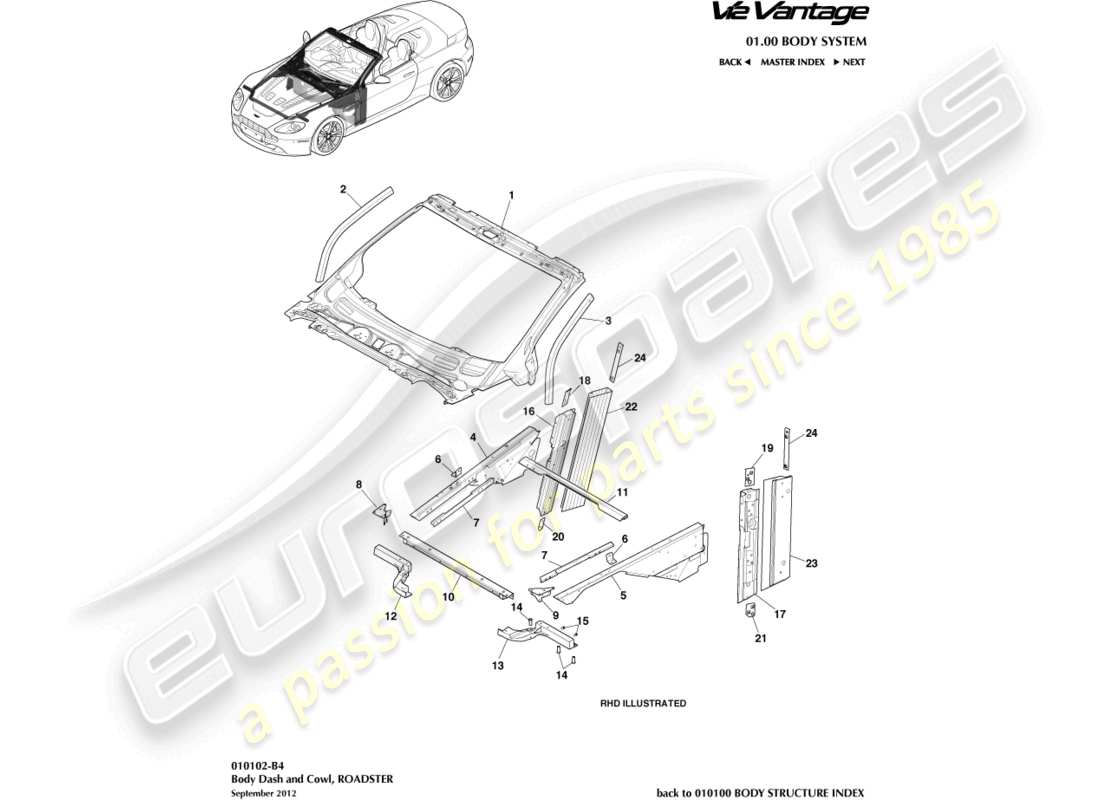 aston martin v12 vantage (2011) armaturenbrett und motorhaube, roadster-ersatzteildiagramm