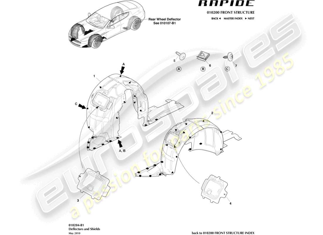 aston martin rapide (2011) teilediagramm für vordere radkästen