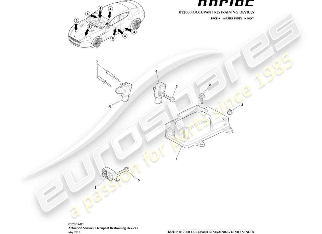 aston martin rapide (2010) teilediagramm für betätigungssensoren