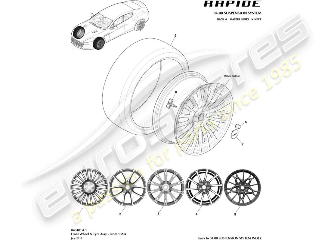 aston martin rapide (2019) räder und reifen, vorne aus 13my ersatzteildiagramm