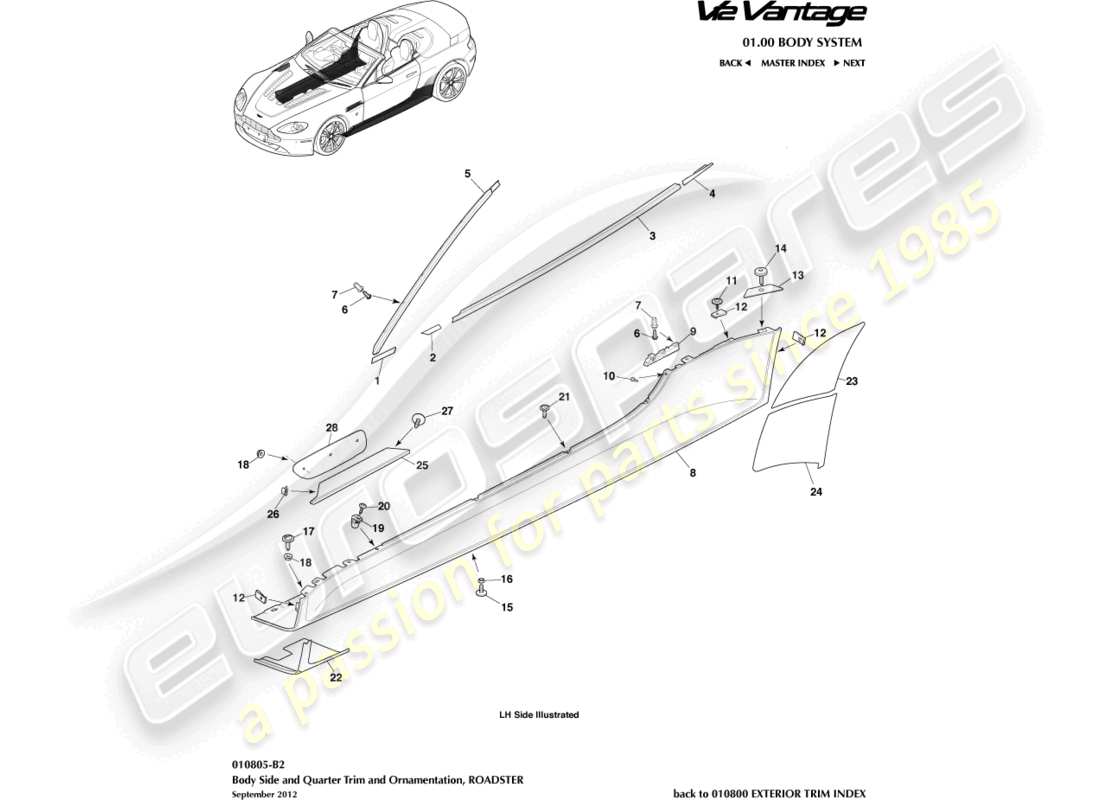 aston martin v12 vantage (2012) seiten- und seitenverkleidung, roadster-teilediagramm