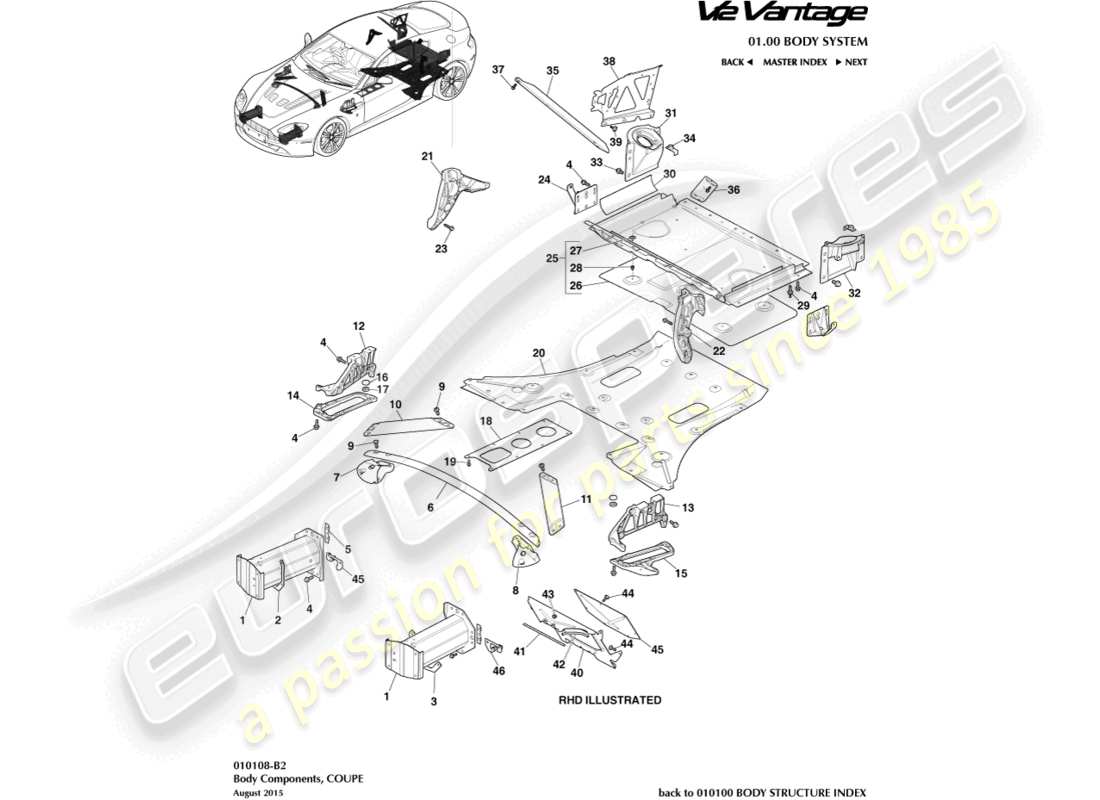 aston martin v12 vantage (2012) karosseriekomponenten, coupé-teilediagramm