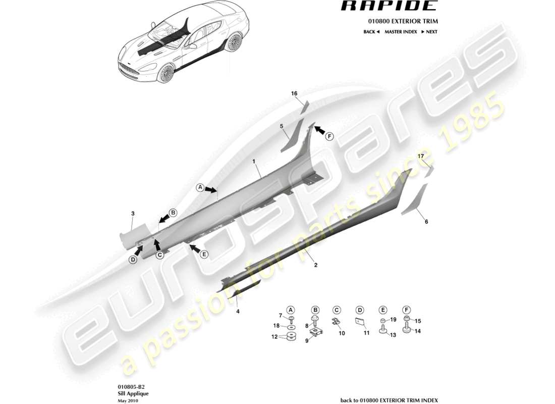 aston martin rapide (2017) teilediagramm für schwellerapplikationen