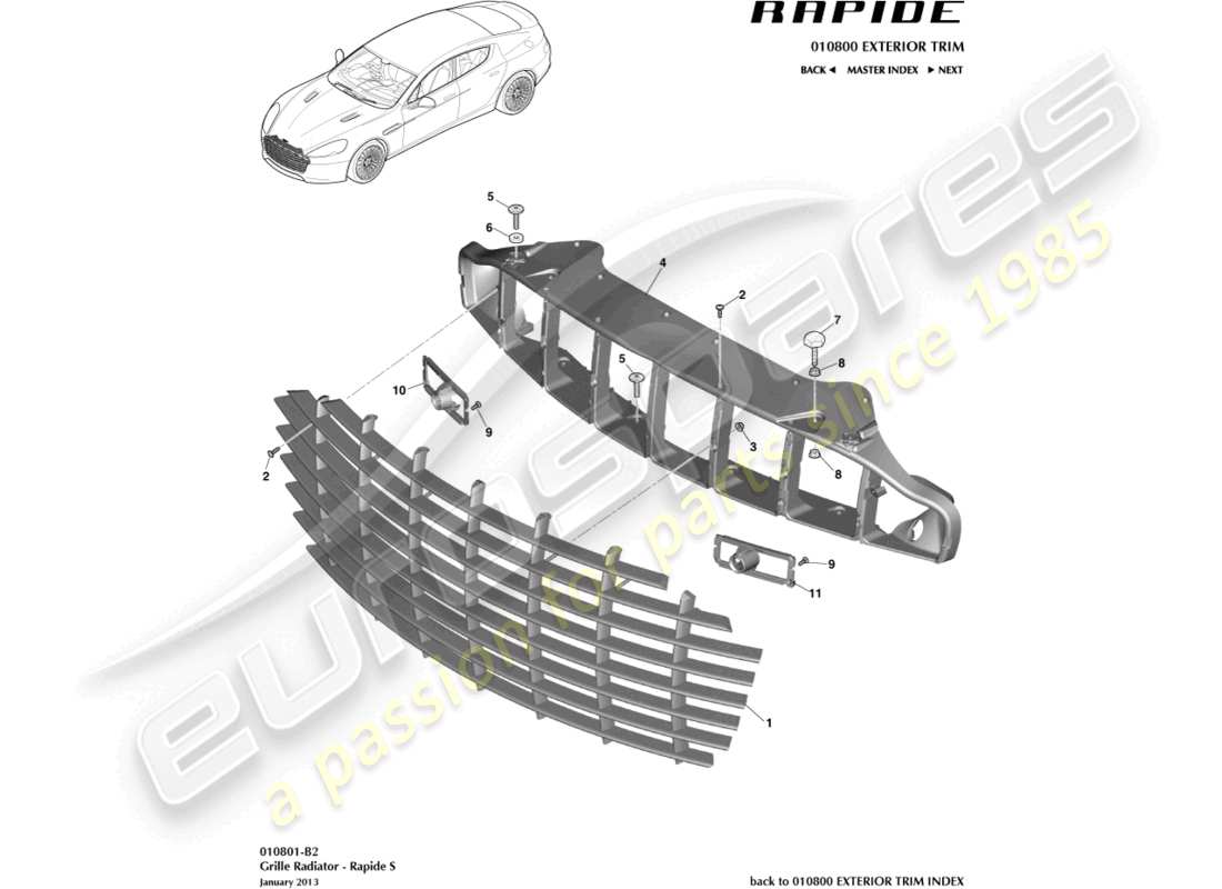 aston martin rapide (2010) kühlergrill, s-teilediagramm