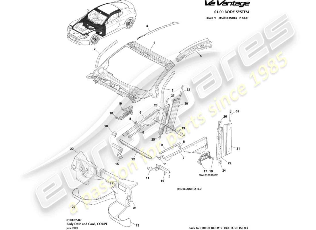 aston martin v12 vantage (2012) armaturenbrett und motorhaube, coupé-teilediagramm