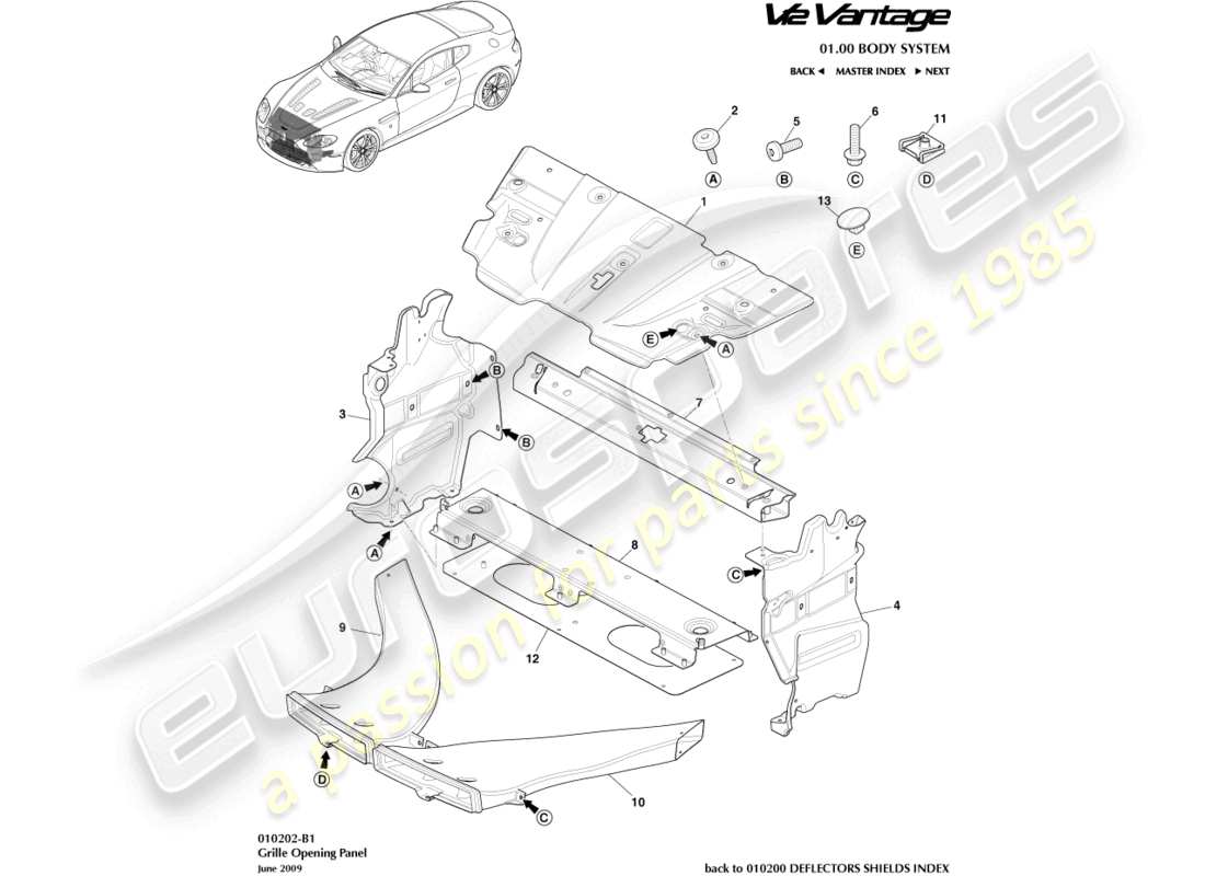 aston martin v12 vantage (2012) teilediagramm für kühlergrillöffnungsplatte
