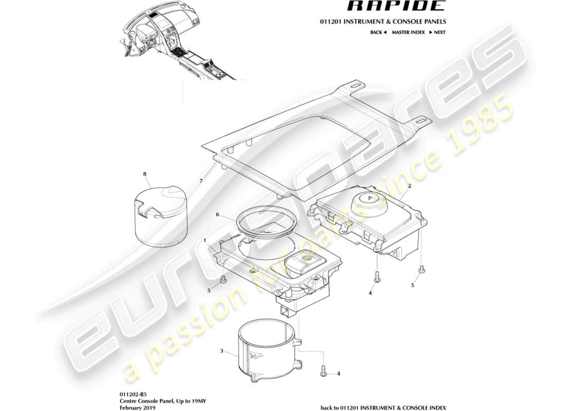 aston martin rapide (2017) teilediagramm der mittelkonsolenverkleidung