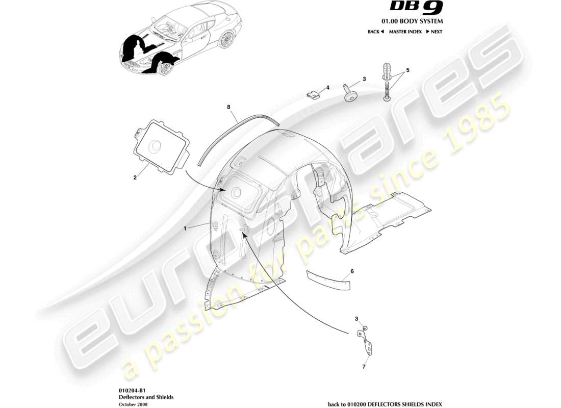 aston martin db9 (2006) teilediagramm für vordere radkästen