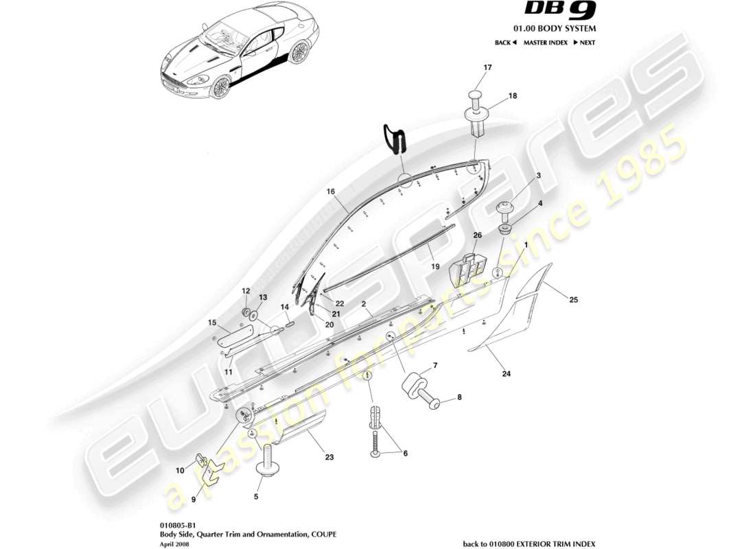 aston martin db9 (2004) seiten- und seitenverkleidung, coupé-teilediagramm