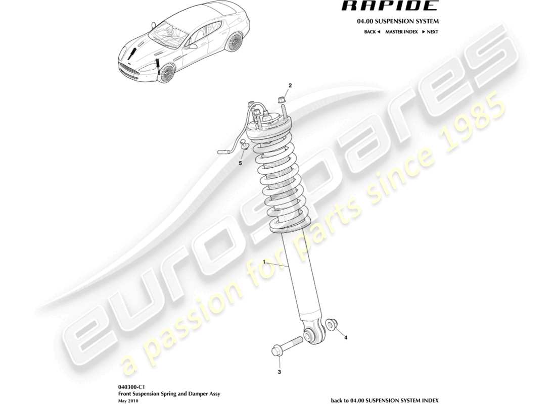 aston martin rapide (2011) teilediagramm für vordere feder und dämpfer