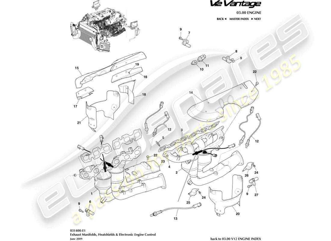 aston martin v12 vantage (2011) auspuffkrümmer ersatzteildiagramm