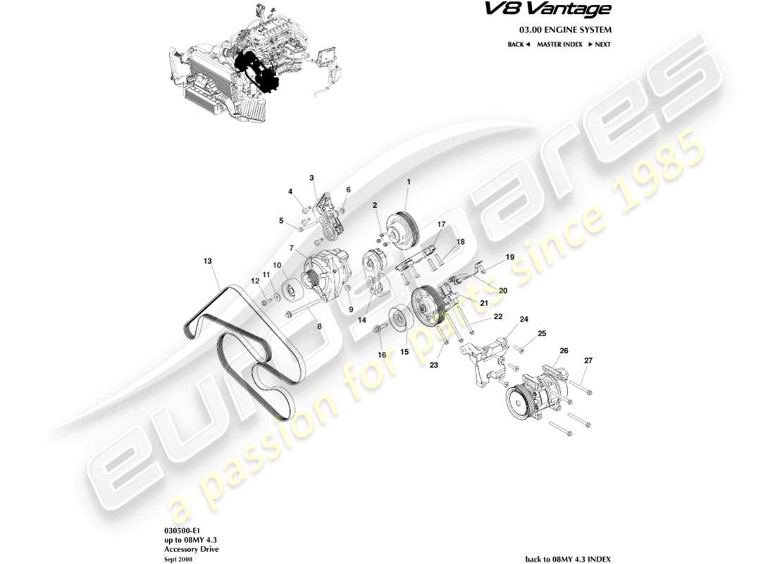 aston martin v8 vantage (2008) teilediagramm für zusatzantrieb