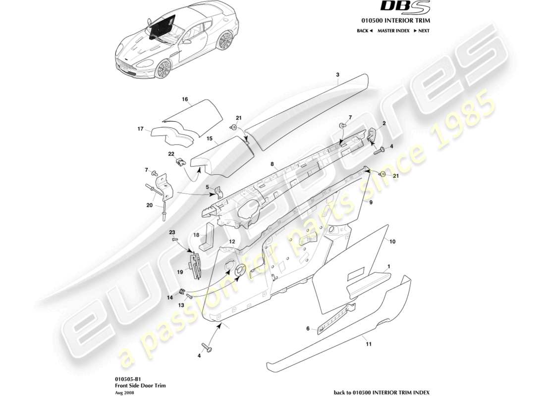 aston martin dbs (2009) teilediagramm für türverkleidung