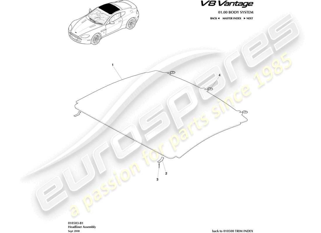 aston martin v8 vantage (2008) teilediagramm für dachhimmelbaugruppe