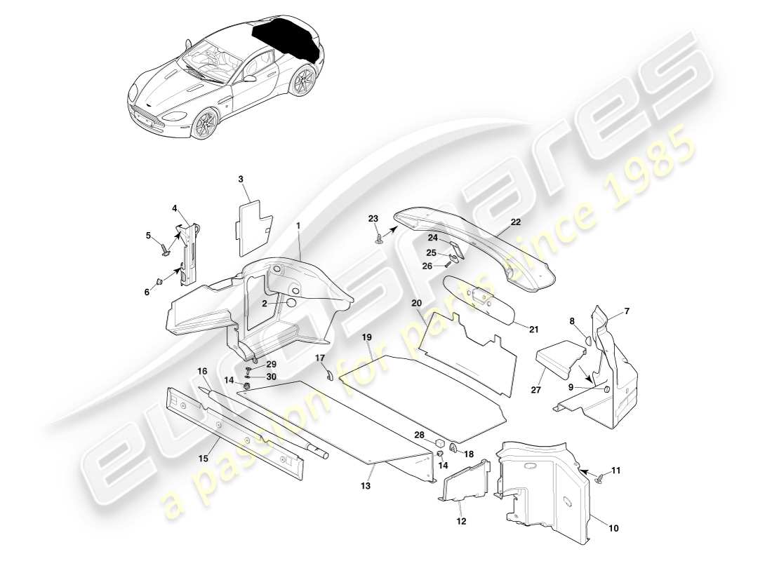 aston martin v8 vantage (2005) laderaumverkleidung, coupé - teilediagramm