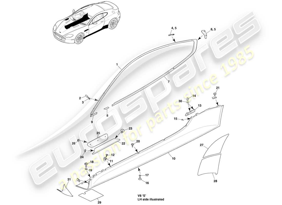 aston martin v8 vantage (2005) seiten- und seitenverkleidung, coupé-teilediagramm