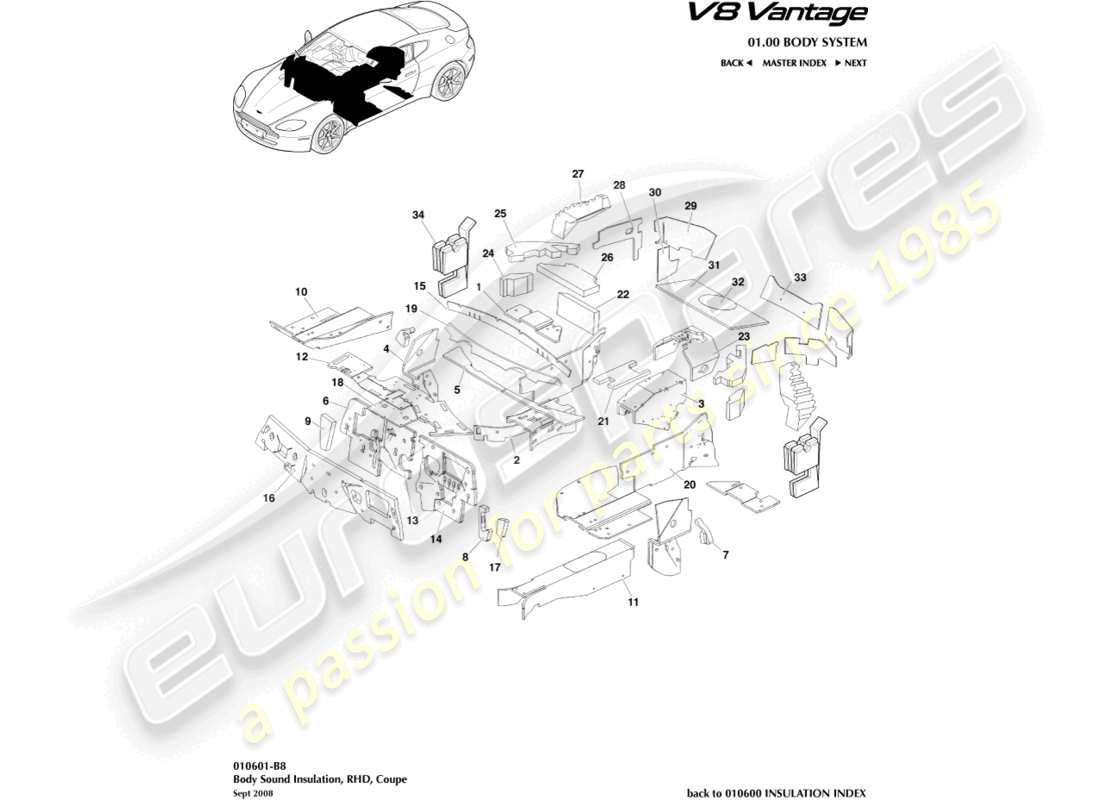 aston martin v8 vantage (2013) karosserieisolierung, rhd-teilediagramm
