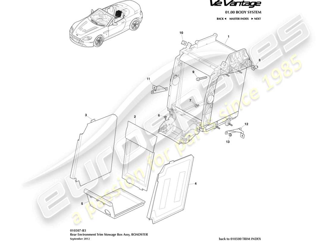 aston martin v12 vantage (2012) heckverkleidung, roadster, teilediagramm