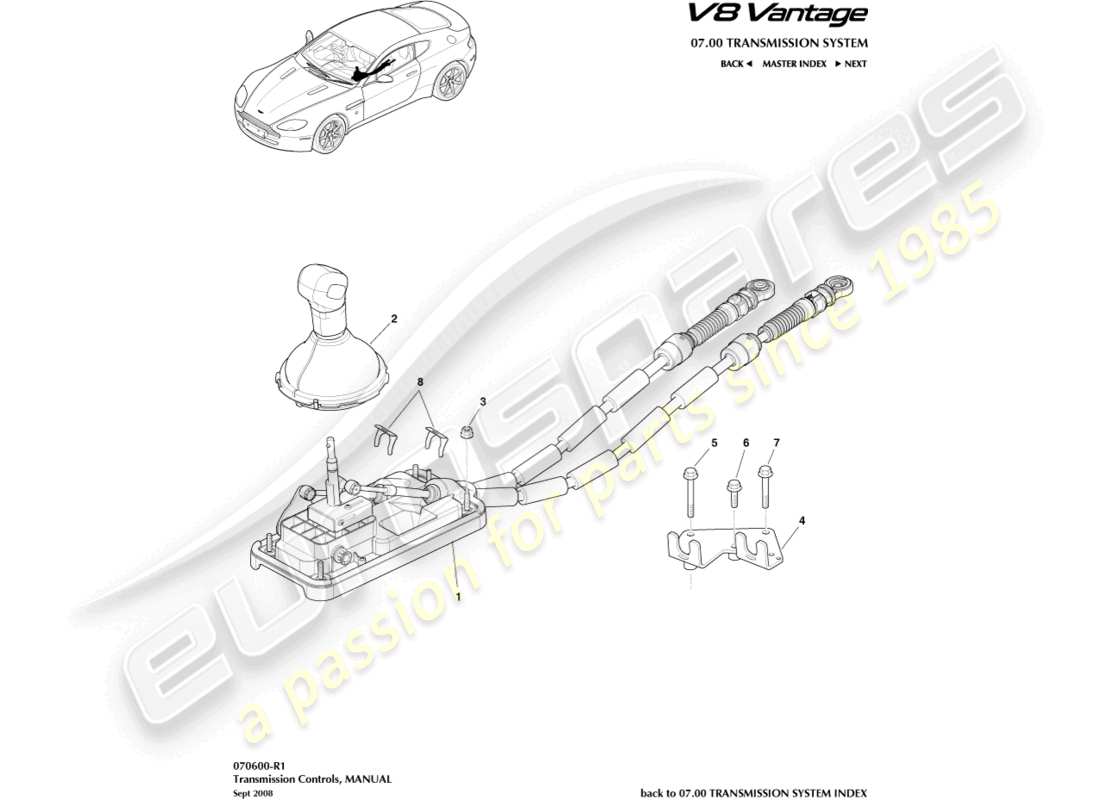 aston martin vantage gt8 (2017) schalthebelbaugruppe, manuelles teilediagramm