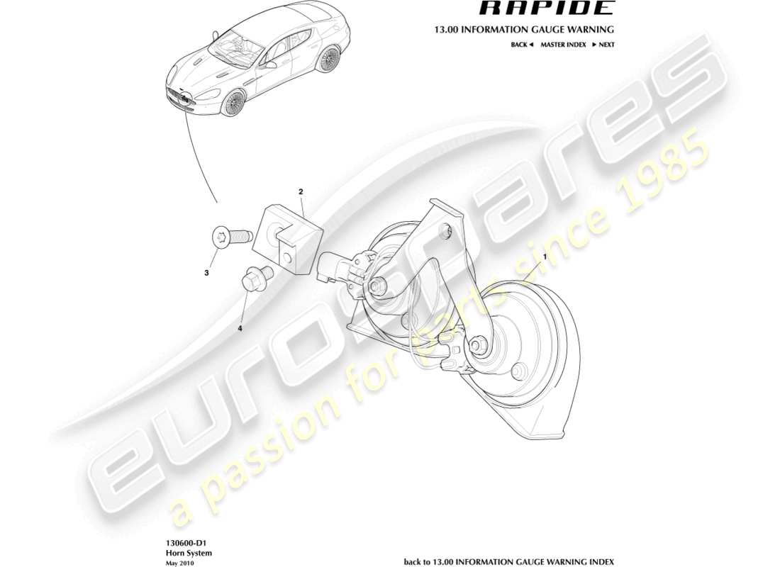 aston martin rapide (2010) teilediagramm für verkehrshupe