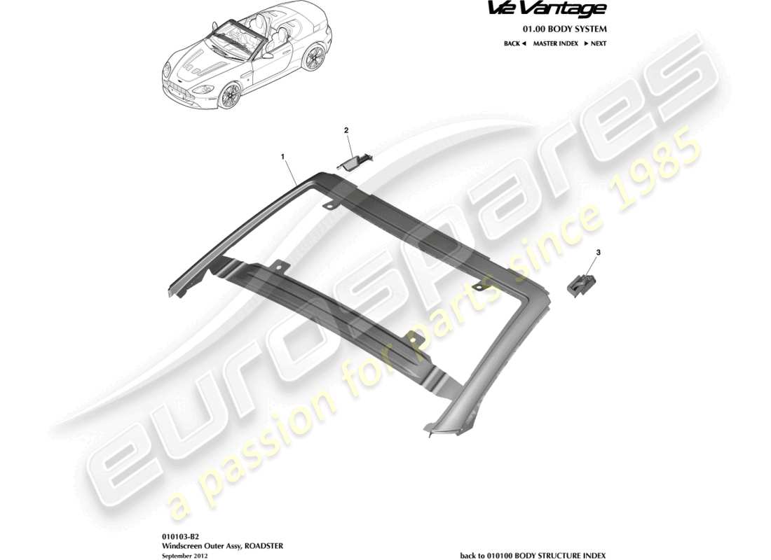 aston martin v12 vantage (2012) windschutzscheibe, außen, roadster-ersatzteildiagramm
