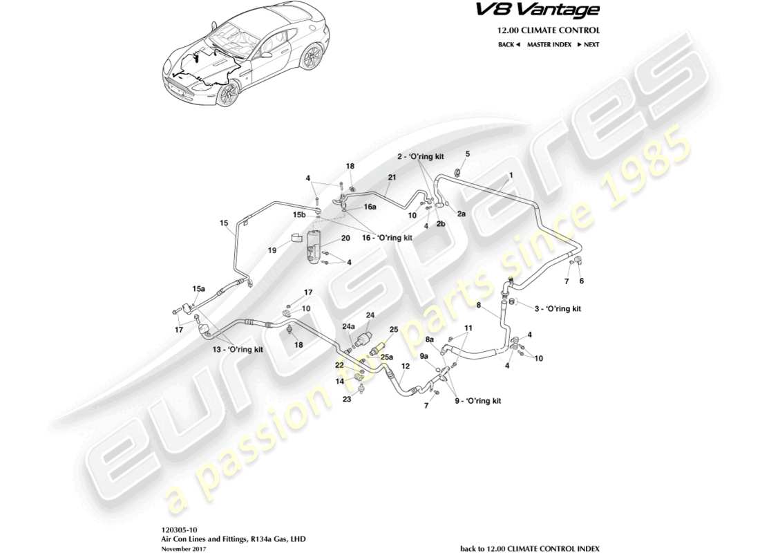 aston martin v8 vantage (2008) klimaanlagenleitungen, r134a gas, lhd-ersatzteildiagramm