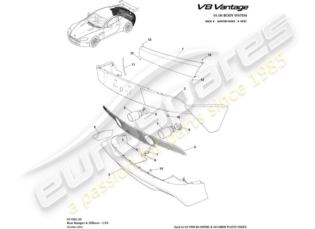 aston martin v8 vantage (2013) heckstoßstange, gt8 ersatzteildiagramm