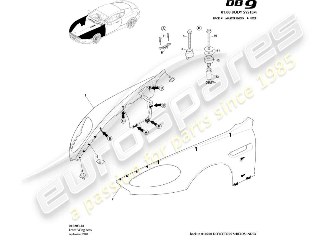aston martin db9 (2007) teilediagramm der frontkotflügelbaugruppe