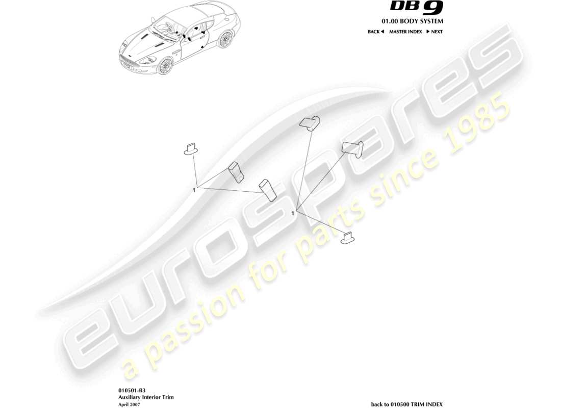 aston martin db9 (2004) teilediagramm für zusatzinnenverkleidung
