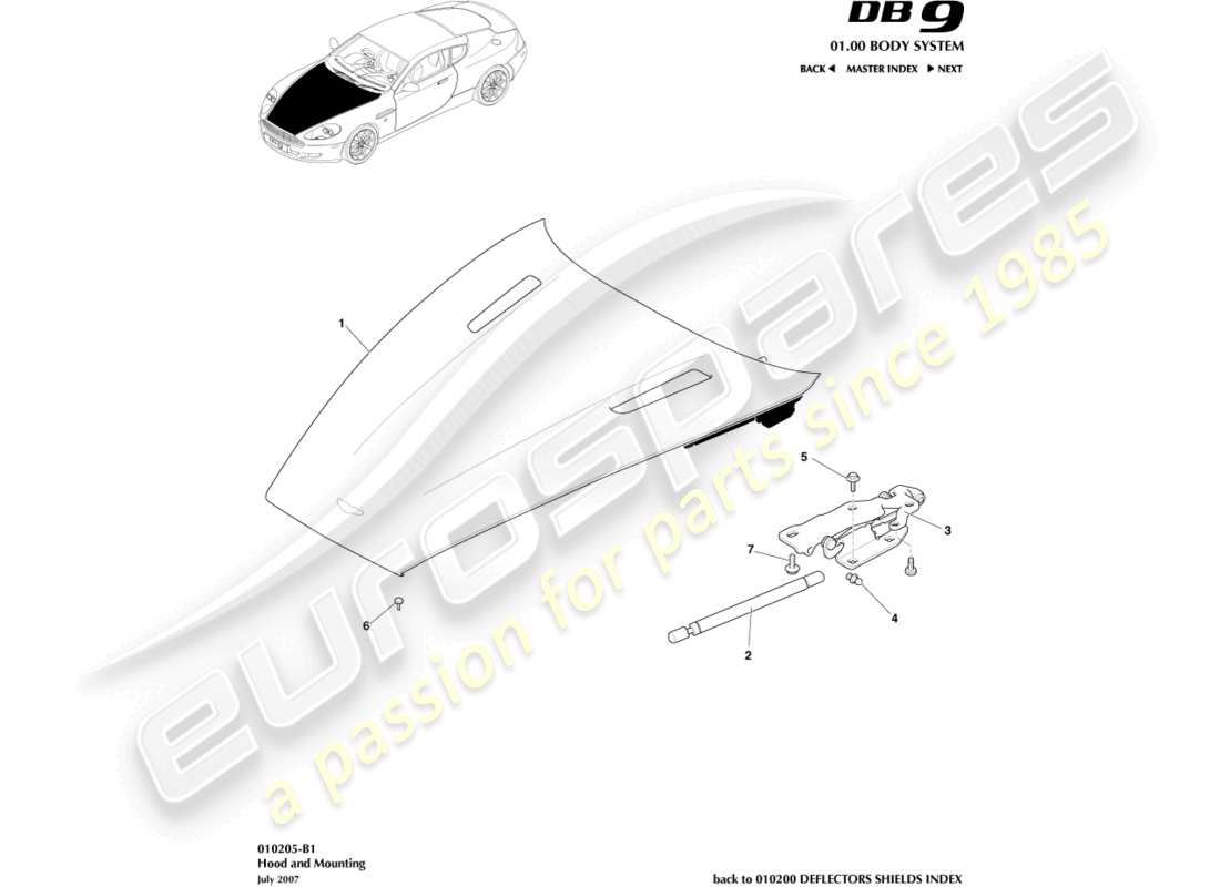 aston martin db9 (2005) motorhauben- und befestigungsteildiagramm