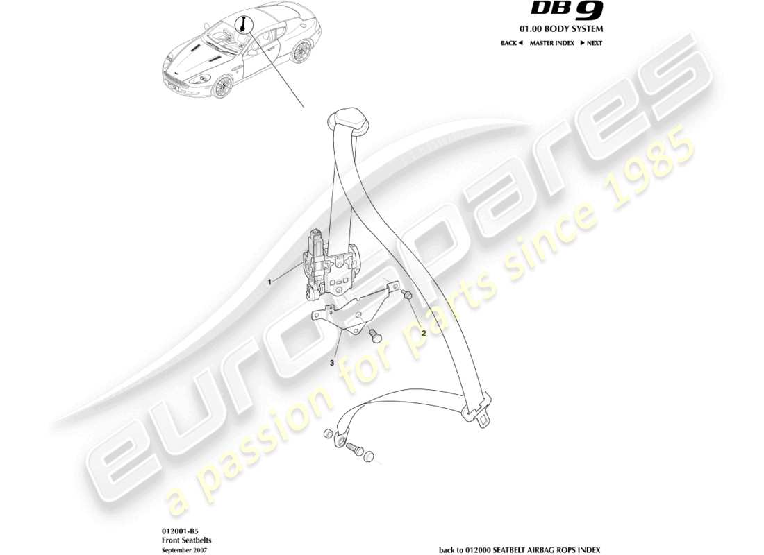 aston martin db9 (2005) teilediagramm für vordere sicherheitsgurte