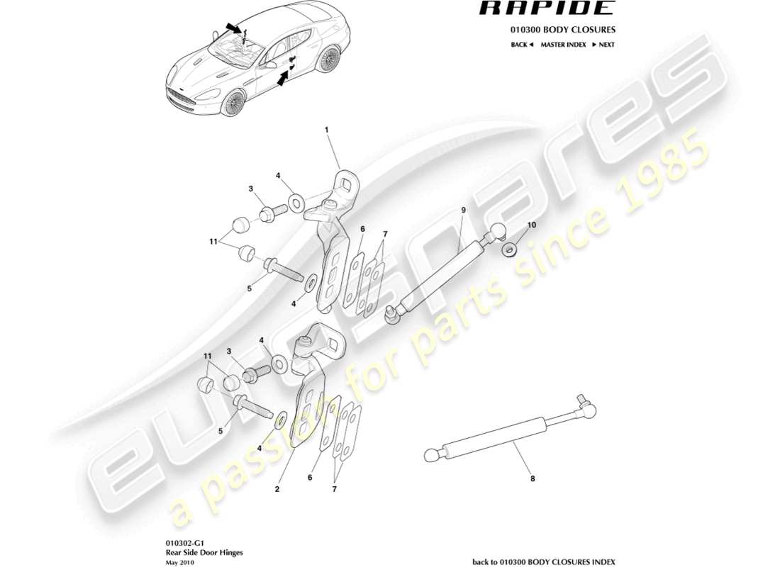 aston martin rapide (2019) teilediagramm der hinteren türscharnierbaugruppe
