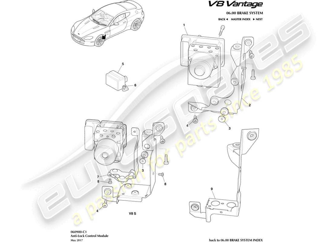 aston martin v8 vantage (2009) teilediagramm des antiblockiermoduls