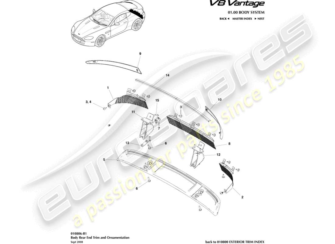 aston martin v8 vantage (2008) teilediagramm für die heckverkleidung der karosserie