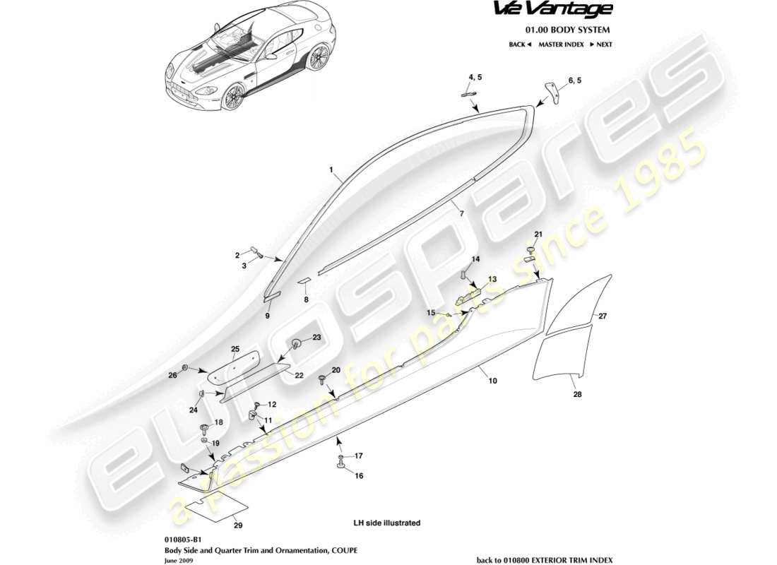 aston martin v12 vantage (2013) seiten- und seitenverkleidung, coupé-teilediagramm