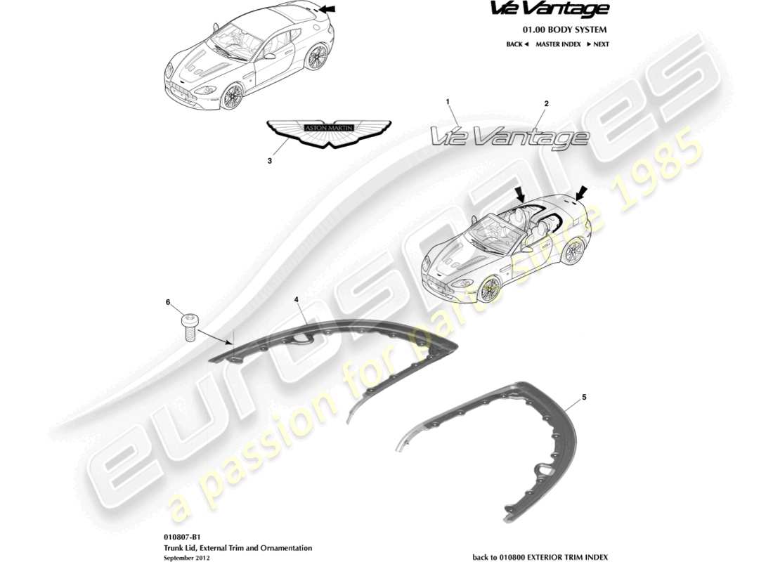 aston martin v12 vantage (2012) teilediagramm für die kofferraumverkleidung