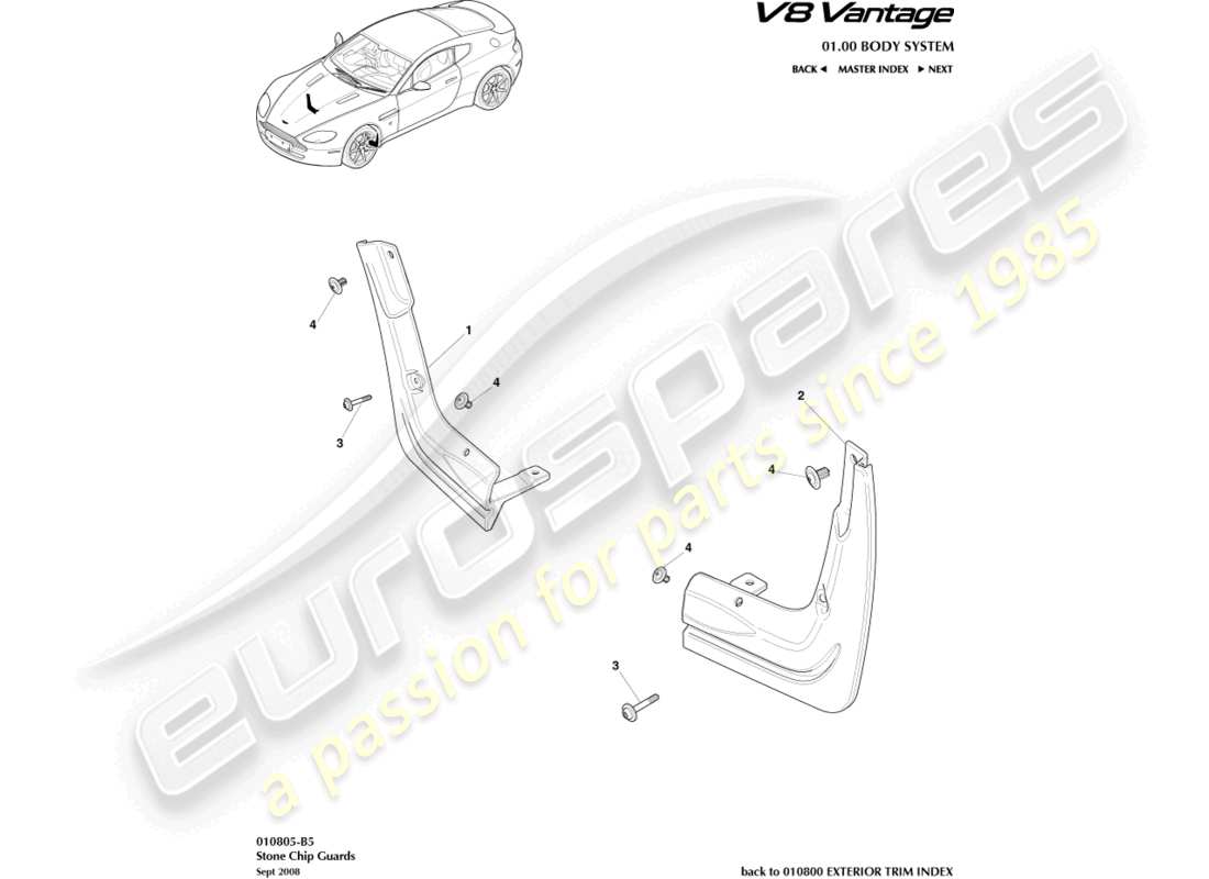 aston martin v8 vantage (2006) teilediagramm für steinschlagschutz