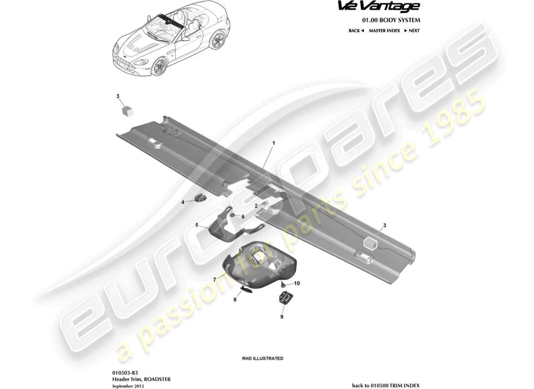 aston martin v12 vantage (2012) krümmerverkleidung, roadster, ersatzteildiagramm
