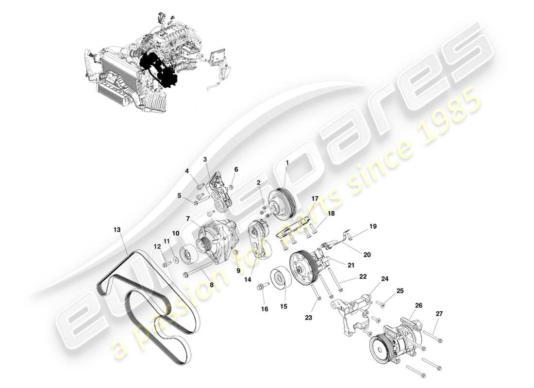 aston martin v8 vantage (2005) teilediagramm für zusatzantrieb