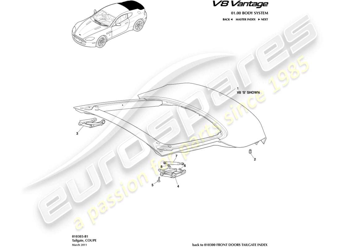 aston martin v8 vantage (2008) heckklappe, coupé-ersatzteildiagramm