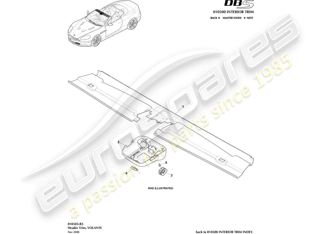 aston martin dbs (2009) kopfverkleidung, volante-ersatzteildiagramm