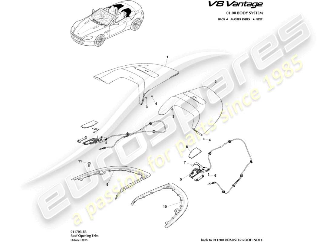 aston martin v8 vantage (2010) teilediagramm für dachöffnungsverkleidung