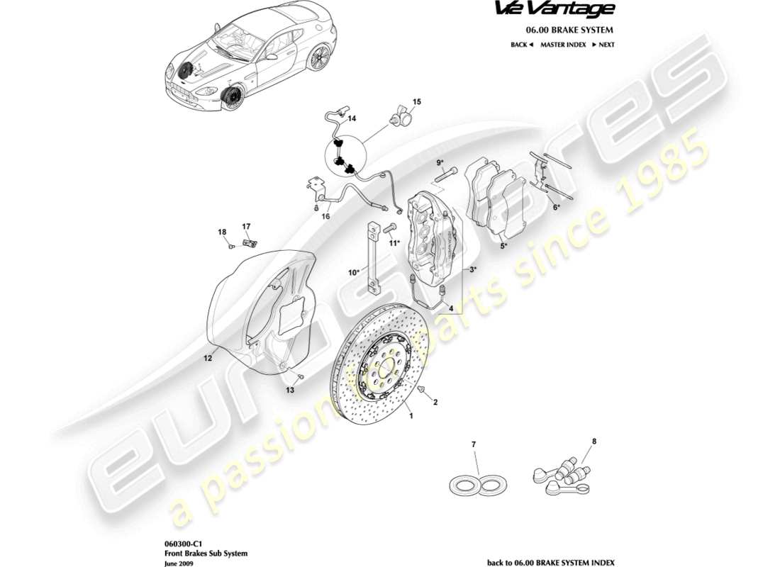 aston martin v12 vantage (2010) teilediagramm des vorderradbremssystems
